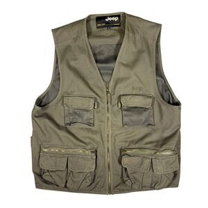 Jeep Olive Green Canvas Utility Vest Fishing Hiking Outdoor‎ XL